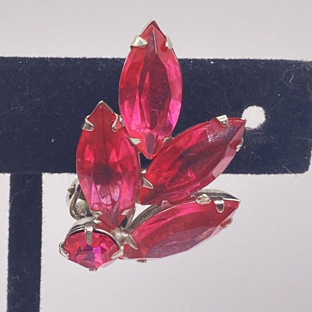 VTG  Fuchsia Pink Glass Rhinestone Silver Tone Clip Earrings statement fancy - Picture 3 of 5